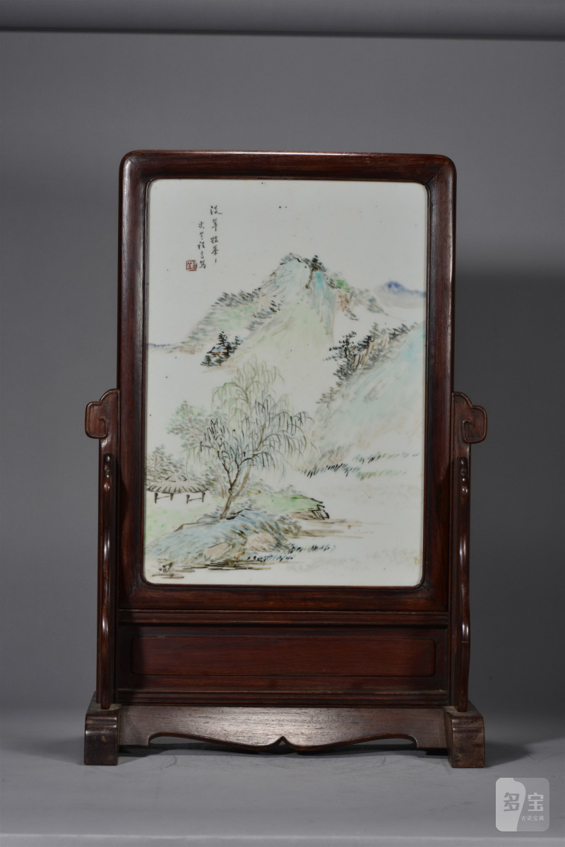 清光绪 程言浅绛彩淡翠摇峰山水瓷板插屏 - 图2